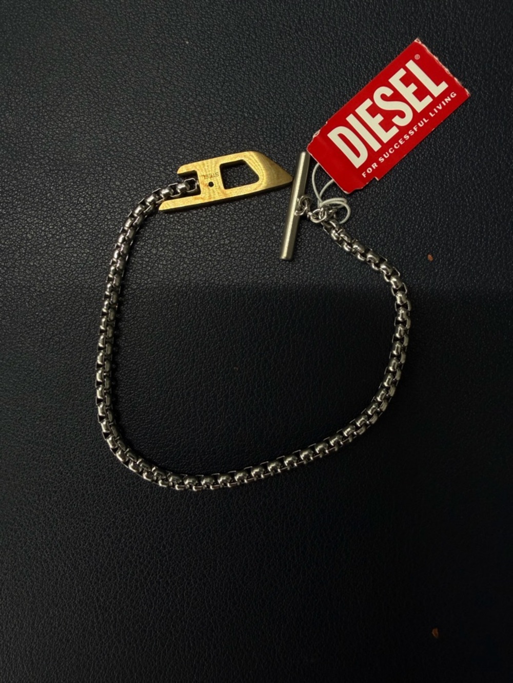 Diesel Silver Chain Necklace with Gold Accent Pendant
